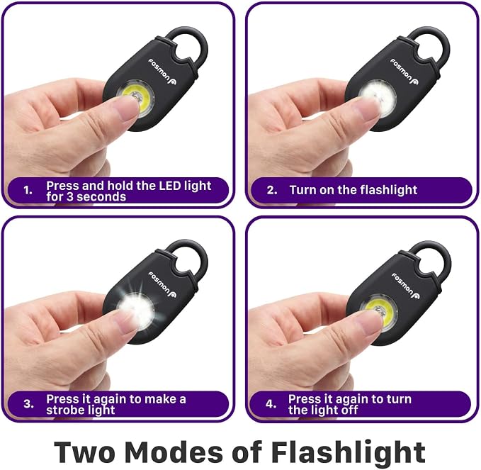 Fosmon Personal Alarm, Self Defense Keychain Security Siren, 2 Pack | 125dB Safety Siren, Strobe Light LED Flashlight, Carabiner Clip, SOS Emergency Alert for Women Kids Elderly - Image 4