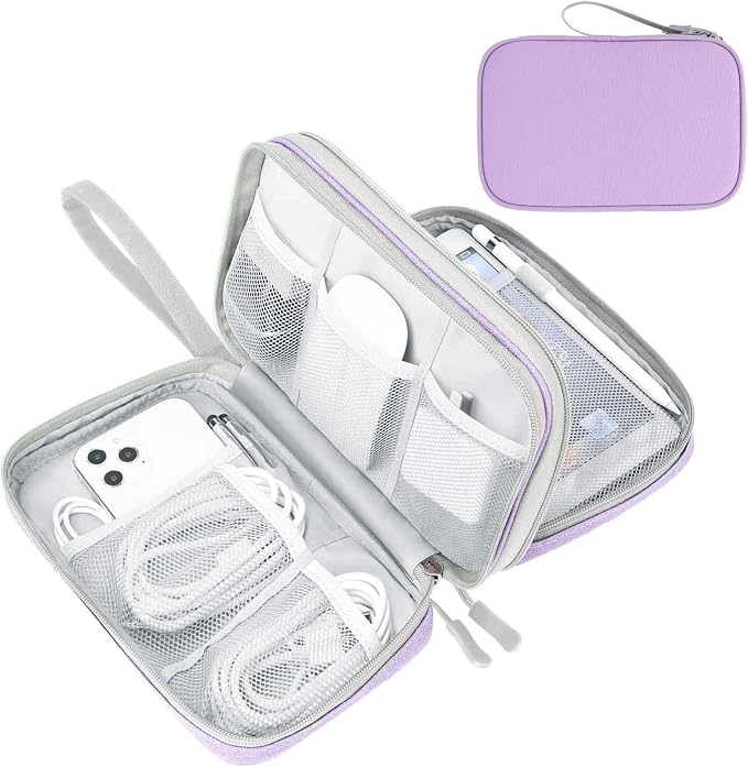 FYY Electronic Organizer, Travel Tech Pouch Bag, Large, Light Purple | Wrist Strap, Waterproof, Double Layers Portable Electronics Travel Carrying Case for Cord, Charger, Daily Business Trips Use by FYY
