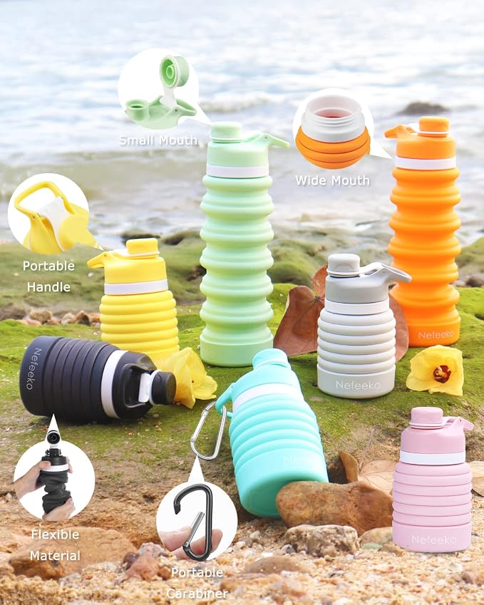 Nefeeko Collapsible Water Bottle, 26oz Silicone Foldable Water Bottles | Leakproof BPA Free Travel Water Bottles with Carabiner,Portable Sport Water Bottles for Camping,Hiking Outdoor Indoor Sport - Image 5