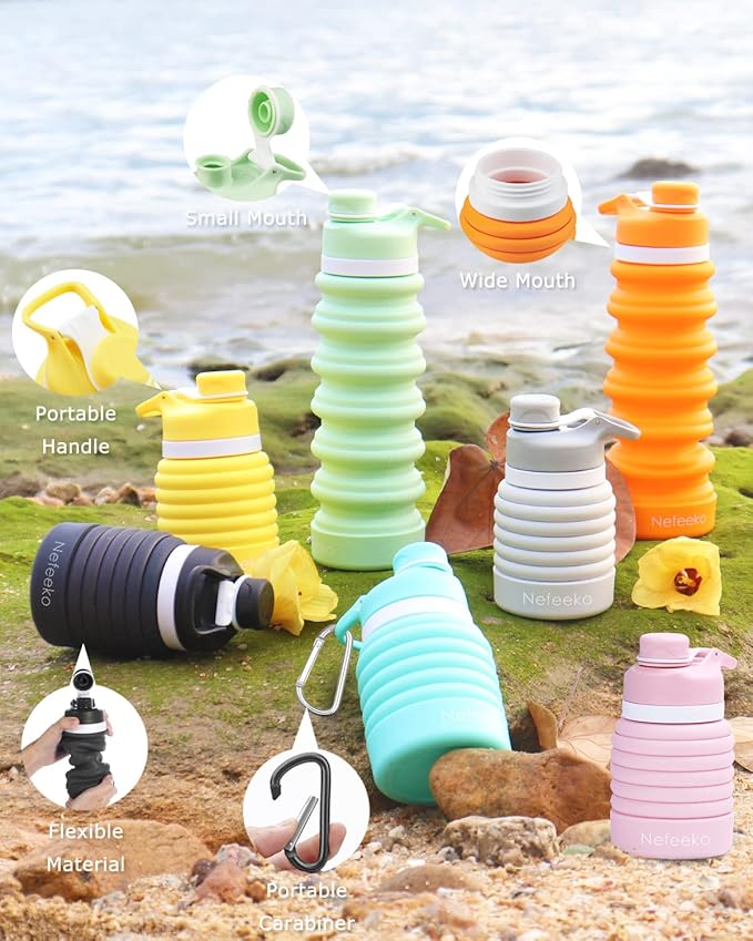 Nefeeko Collapsible Water Bottle, 26oz Silicone Foldable Water Bottles | Leakproof BPA Free Travel Water Bottles with Carabiner,Portable Sport Water Bottles for Camping,Hiking Outdoor Indoor Sport - Image 5