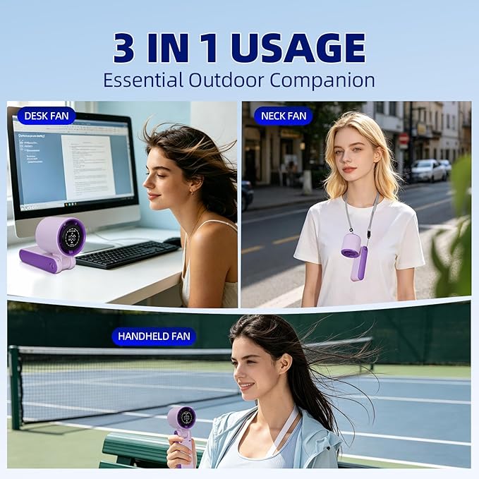 3 IN 1 Portable Handheld Mini Fan, Compact Personal Cooling, 100Speeds, Rechargeable, Quiet Operation, USB-C, for Travel, Office, Outdoor (Purple) - Image 4