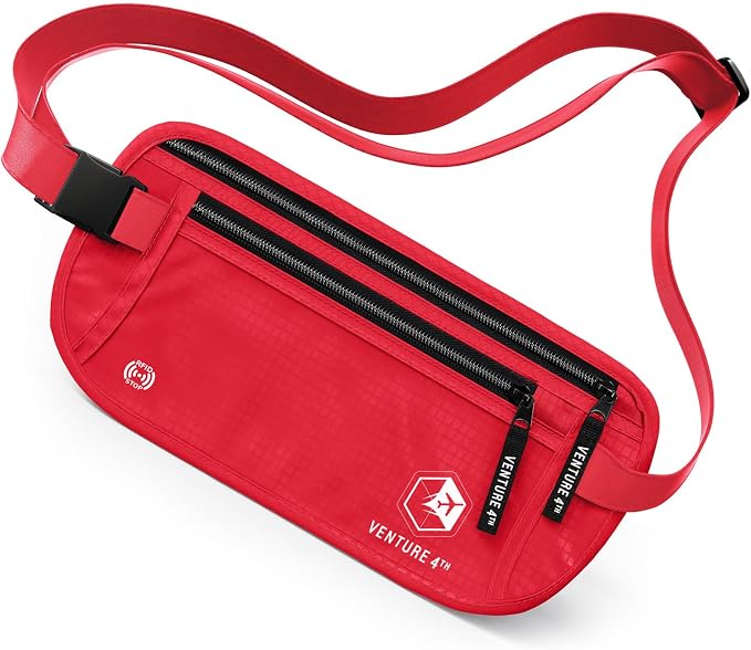 VENTURE 4TH Travel Money Belt, RFID Blocking Passport Holder - Red by VENTURE4TH
