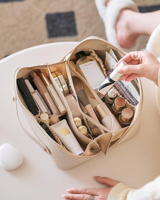 EACHY Travel Makeup Bag for Women, PU Leather Cosmetic Bag, White, Large | Water-resistant PU leather exterior with flat-open access, clear TPU brush compartment and organized storage for cosmetics - Image 8