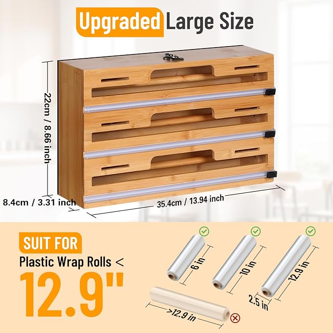 Allinside Magnetic Plastic Wrap Dispenser with Cutter, 3 in 1 Refrigerator Bamboo Wood Organizer for Tin Foil, Baking Paper, Wax Paper Holder Kitchen Storage Box Compatible with 12.9" Roll (3 Layer) - Image 6