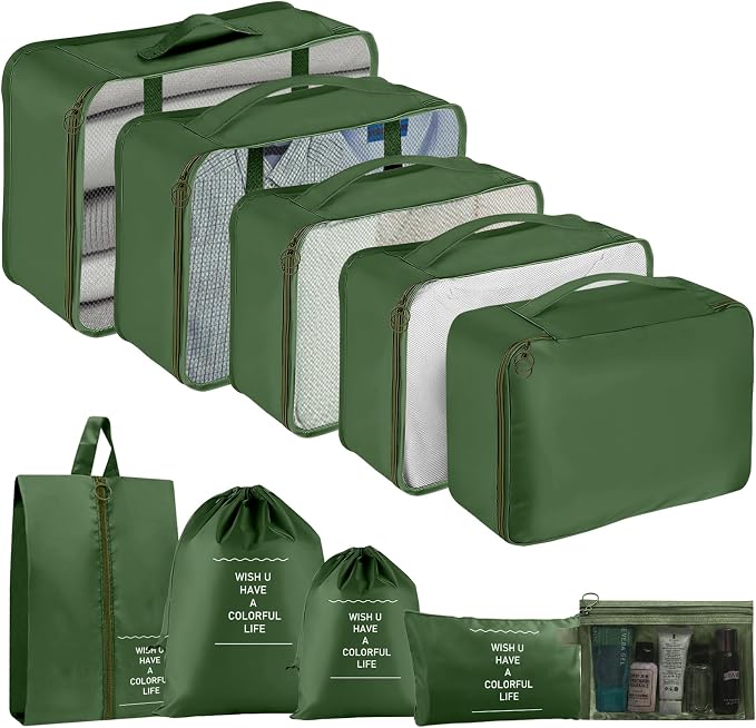 Packing Cubes for Travel- 8 Set Luggage Organizer Bags for Family, Mesh Breathable Travel Packing Cubes for Suitcases Durable Travel Essentials Bags Set (Green, 10 Set) by YEEYAA