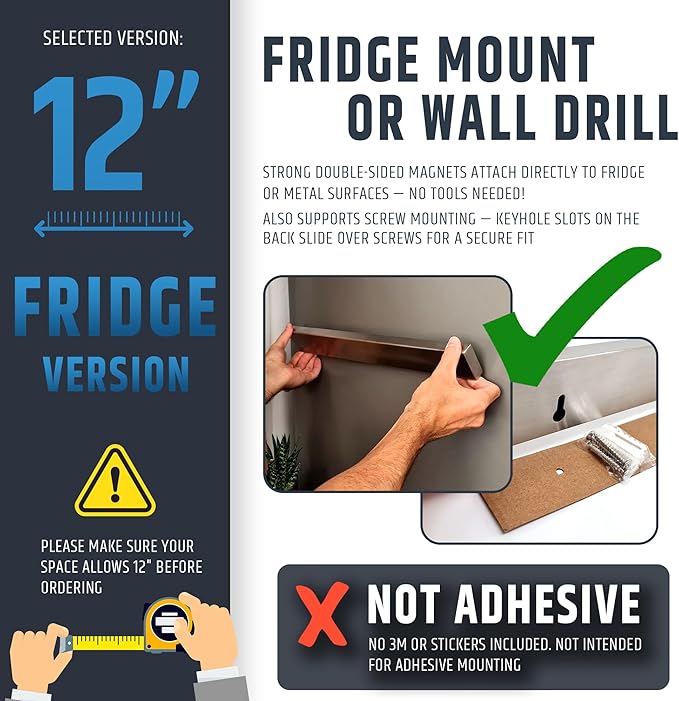 12" Premium Magnetic Knife Holder for Refrigerator (Double-Sided Heavy-Duty Magnets) - Upgraded Strip for Strong Fridge Mount - Clear Up Counter Space - 304 Anti-Rust Stainless Steel (Upgraded Design) - Image 3