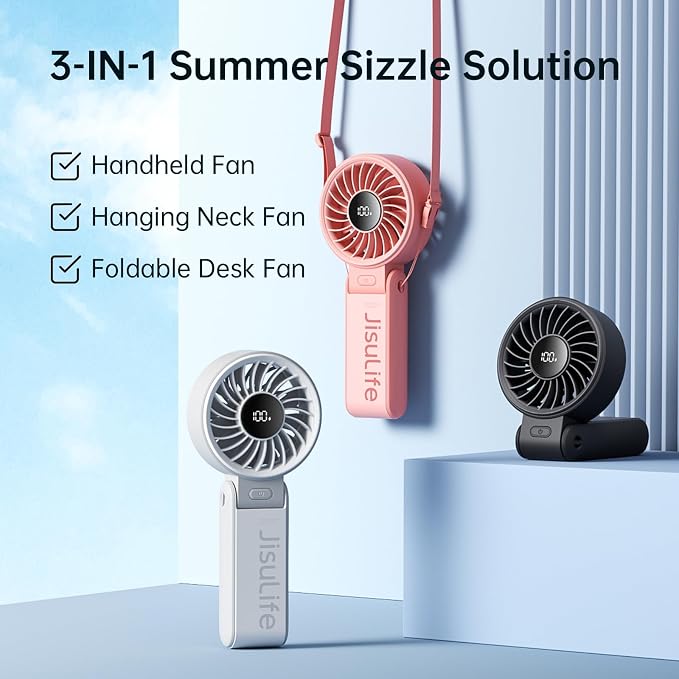 JISULIFE Portable Handheld Fan Life7: 3-in-1 Hand, Desk & Neck Fan-Black | 19.5H Max Cooling, 5-Speed, LED Display, 5000mAh Rechargeable,USB Foldable Fan for Travel/Concerts/Cruise/Sports Events/Gifts - Image 7
