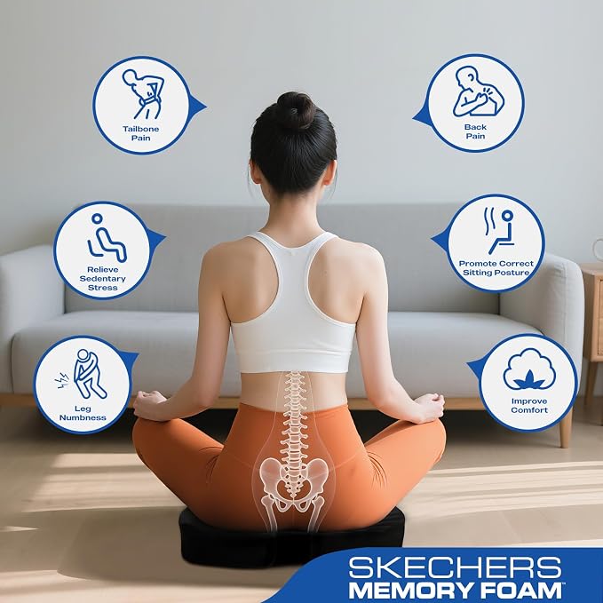 Skechers Seat Cushion, Ergonomic Memory Foam Cushion for Long Sitting Hours on Office & Home Chair, Car Seat Cushion for Sciatica, Coccyx Cushion,Black - Image 8