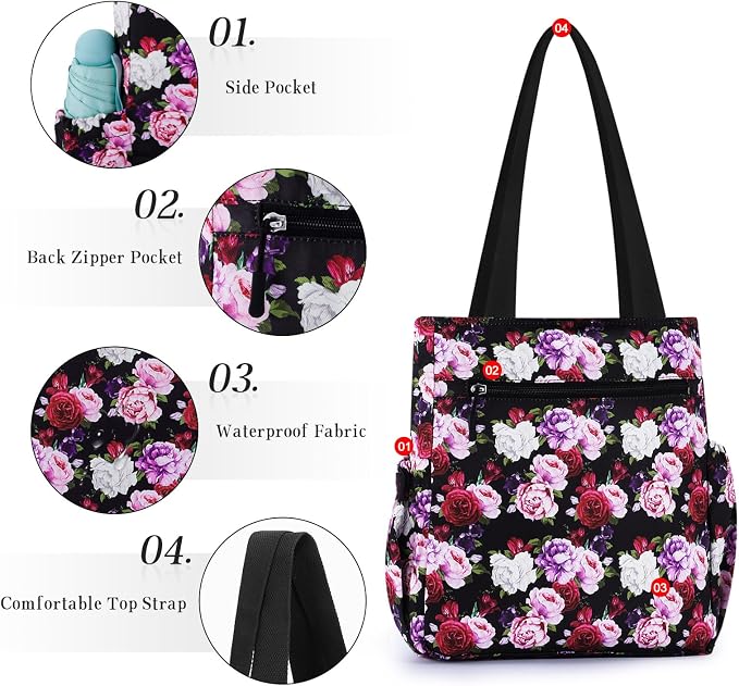 HUA ANGEL Floral Tote Bag - Casual Shoulder Bag Daily Tote Bag with Zipper Gym Travel Shopping Work Handbag for Women - Image 4