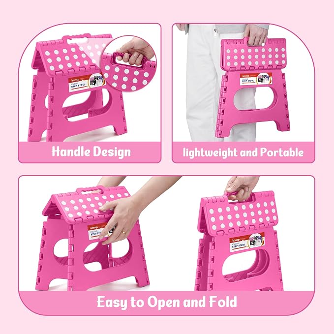 11" Folding Step Stool for Kids and Adults, Holds 300 lb, Rose red | Heavy Duty Collapsible Foot Stool, Lightweight with Built-in Handle, Non-Slip for Adults Kitchen Bathroom Bedroom Outdoor - Image 7