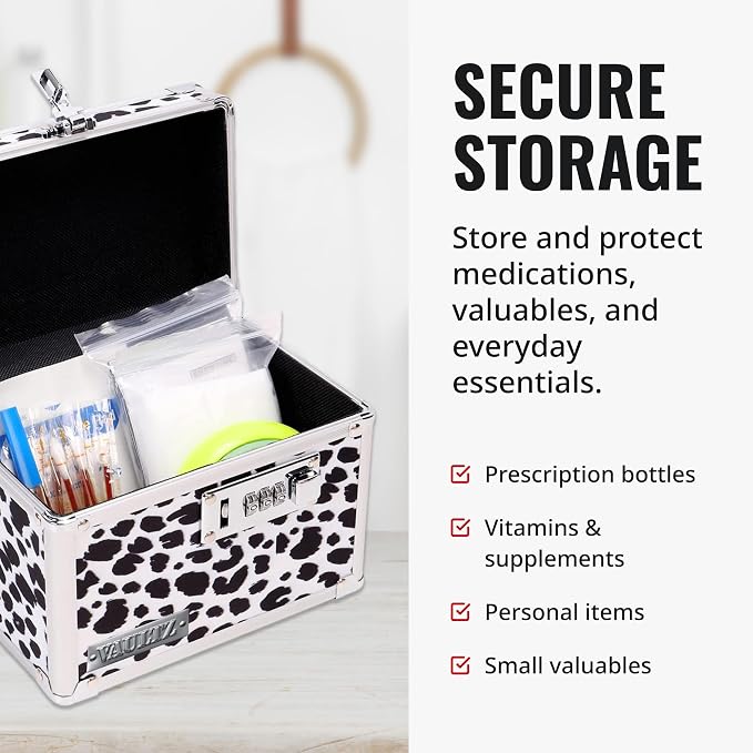 Vaultz Locking Medicine Box with Combination Lock - Secure Metal Lock Box Safe for Medication, Pills & Valuables, Small Lockbox with Code, Portable Storage Case, Leopard | Metal lock box, storage case for medication and small valuables, 3-digit combina... - Image 4