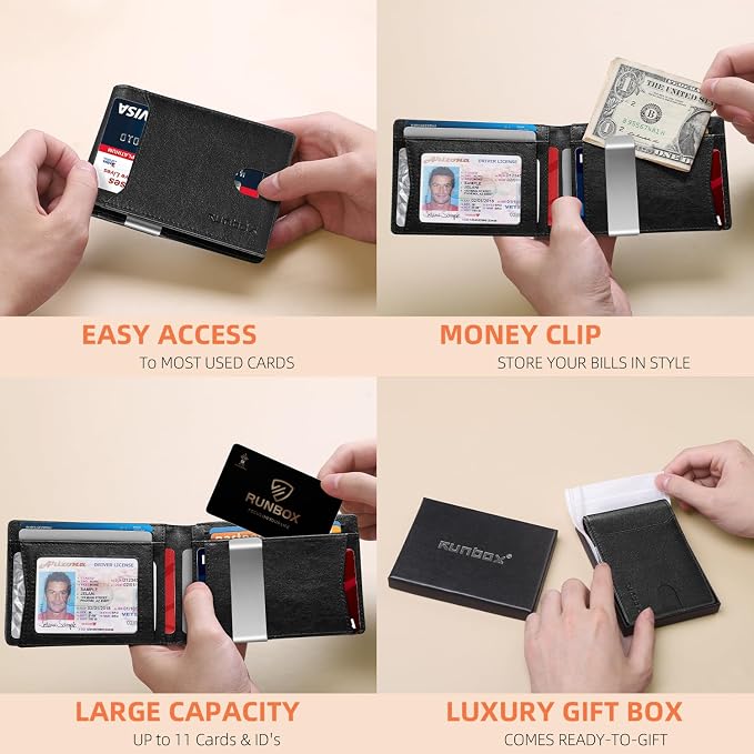 RUNBOX Slim Wallet for Men - RFID Blocking Leather Bifold with Money Clip | Minimalist Front Pocket Wallet Holds 11 Cards,Slim Thin Design,RFID Blocking Protection, Practical Birthday Gifts for Men - Image 2