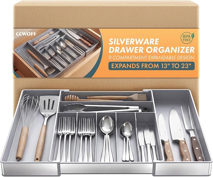 Silverware Drawer Organizer, 9 Slots Expandable Kitchen Drawer Organizer | Extra Large Utensil Holder & Cutlery Tray, Heavy Duty Stainless Steel Frame Flatware Organizer, Non-Slip Feet Included, Gray by CCWOFF