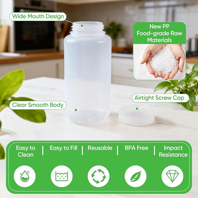 DEMORA 32 oz Plastic Bottles with Lids, Airtight Refillable Wide Mouth Travel Bottles for Toiletries, PP Food Grade Plastic Containers for Liquids Pill Water Sample Lab Reagent (Clear, 2 Pcs) - Image 7