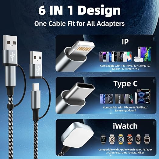 3 in 2 USB A/USB C Cable for iWatch Charger, Multi Charging Cable 2Pack 5FT | Travel Charger for Multiple Devices, Phone Charger Cord Compatible with iWatch Ultra/SE/11-2, iPhone17-6, Pad, Android-5FT - Image 4