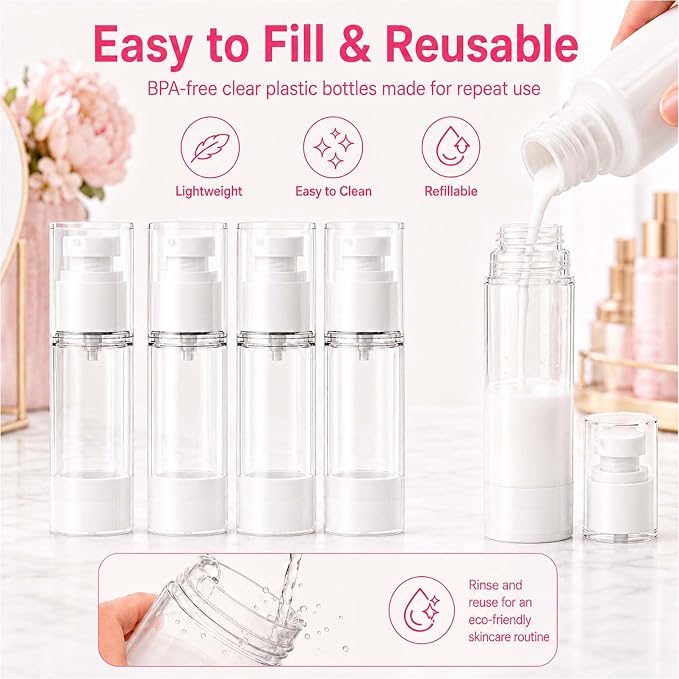 4 Pack Airless Pump Bottles, 1 oz Leakproof Travel Bottles with Pump for Toiletries, Small Empty Containers with Lids for Lotion Creams Serum Skin Care Shampoo Cosmetic Moisturizer Dispenser, Clear - Image 5