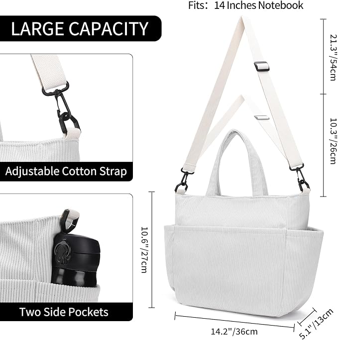 Corduroy Tote Bag for Women Crossbody Bags Lightweight Handbags Shoulder Bag with Zipper Pockets for Work Shopping - Image 4