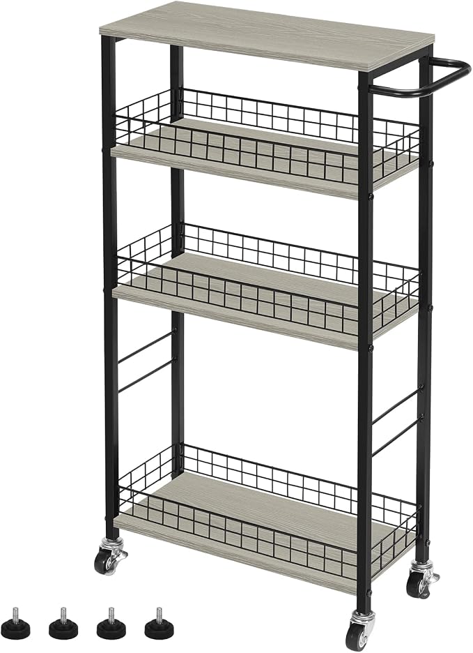 YBING Slim Storage Cart 4 Tier Narrow Rolling Cart, 7.3'' Wide | Mobile Kitchen Narrow Cart, Wooden Tabletop, With Handle, For laundry Living Room, Grey by YBING