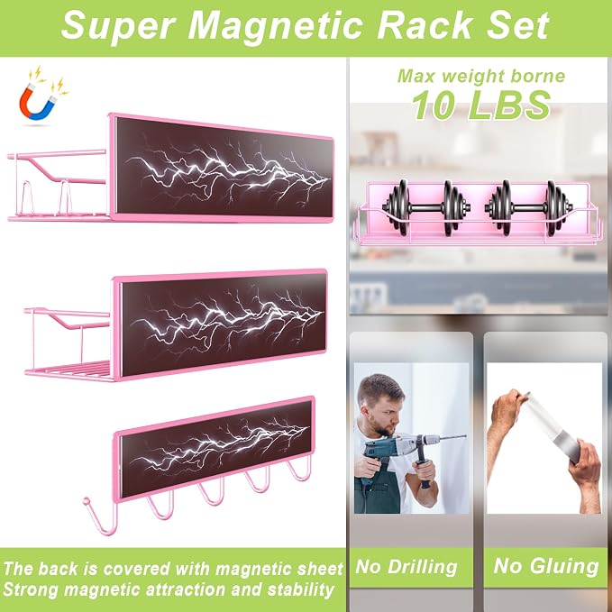 Magnetic Spice Rack for Refrigerator, 5 Pack Metal Strong Magnet Spice Organizer Shelves with Hook Rack, Space Saving Magnetic Fridge Shelf for Home Kitchen Organization and Storage (Pink) - Image 3