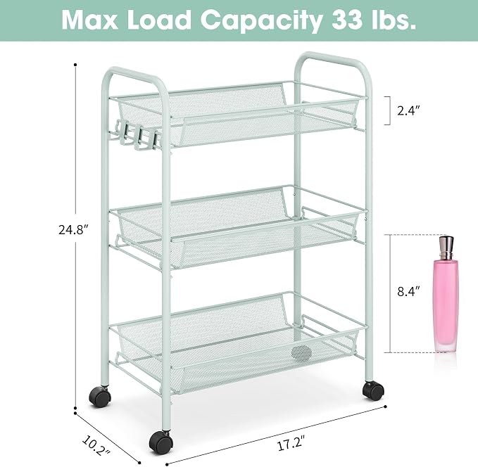 TOOLF 3 Tier Rolling Cart, Metal Utility Storage Cart with Wheels, Green | 3 Hooks, Screwless Assembly, Trolley Organizer for Bathroom, Kitchen, Office, Nursery, Dorm, Laundry Room - Image 6