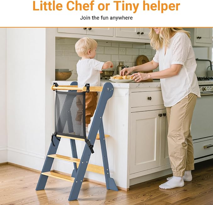 COSYLAND Foldable Toddler Kitchen Stool Helper - Height Adjustable Standing Tower for Bathroom Sink or Kitchen Counter - Step Stool for Toddlers Ages 18 Months to 6 Years Gray & Natural - Image 2