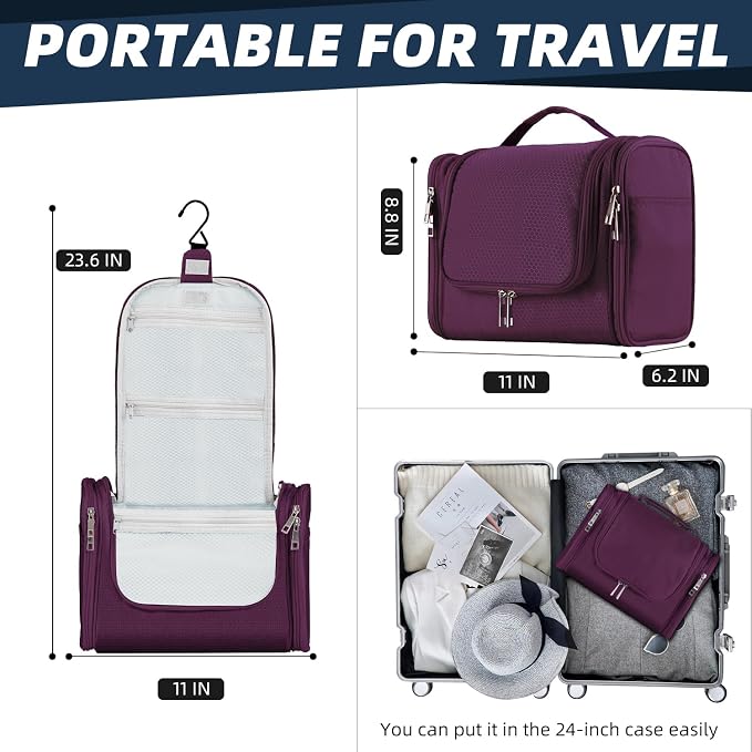 Buruis Hanging Toiletry Bag, Travel Toiletry Bag for Women and Men, Purple | Honeycomb Nylon Design, Large Capacity, Dual Zippers, Sturdy Hanging Hook, Full-Size Toiletry Storage, Cosmetic Essentials - Image 3