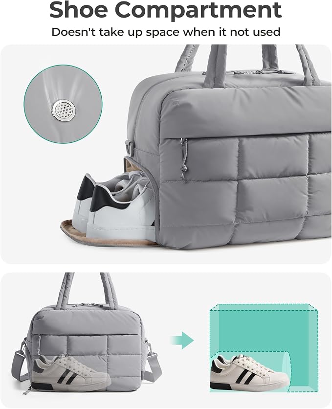 BAGSMART Gym Bag for Women, Carry on Travel Duffel Bag, Water-resistant Weekender with Shoe Compartment for Gym Travel Work, Grey, Medium - Image 3