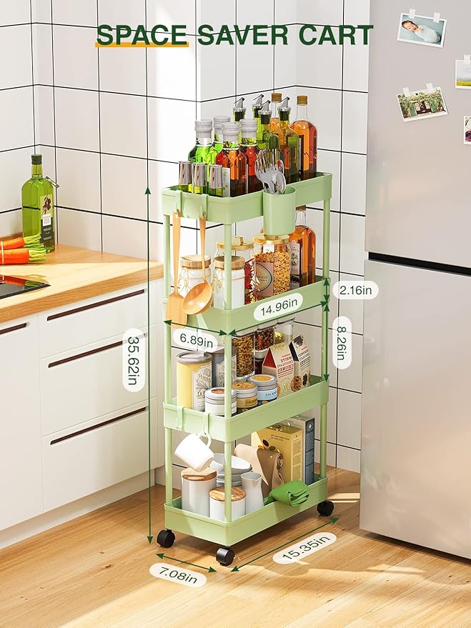 LEHOM Slim Rolling Storage Cart - 4 Tiers Bathroom Organizer Utility Cart | Slide Out Storage Shelves Mobile Shelving Unit for Kitchen, Bedroom, Office, Laundry Room, Small Narrow Spaces (7.1" W+Green) - Image 4