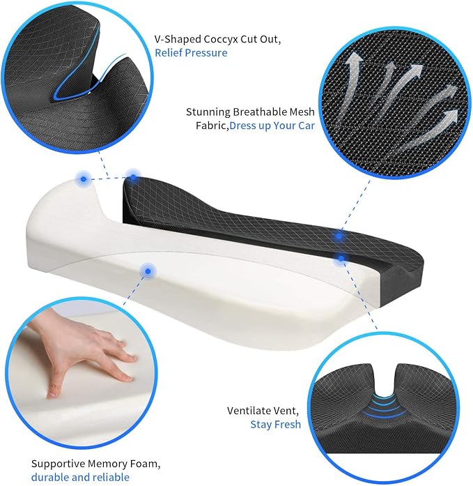 Car Seat Cushion for Car and Truck Driver Seat Office Chair Wheelchairs Coccyx Support Sciatica, Lower Back Pain Relief Memory Foam Car Seat Pad - Image 4
