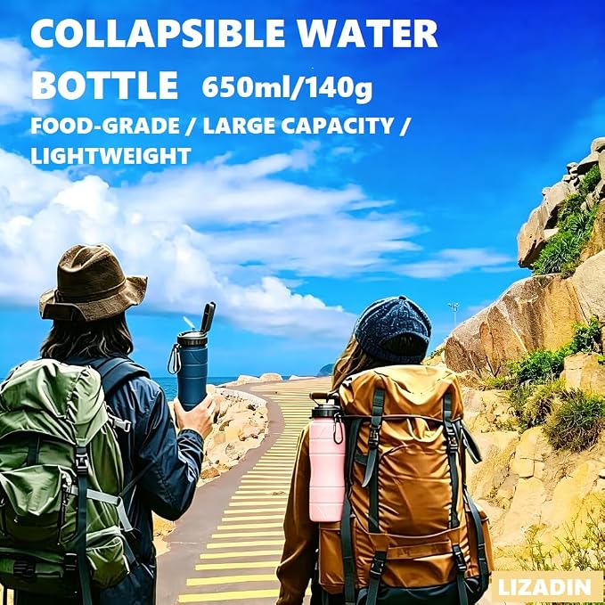 Collapsible Water Bottles 22oz with Straw 2Pack Travel (Blue+Pink) | 650ml Silicone,Foldable Portable,Leakproof,Ultra-light，BPA Free,for Traveling Camping Hiking Cycling Sports Outdoor - Image 6