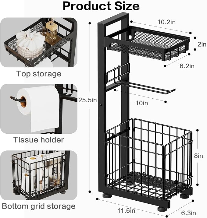 Freestanding Toilet Paper Holder Stand with Storage Shelf, Black | Sturdy Multi-tier Metal Stand with Large Foldable Basket. Versatile for Bathroom, Kitchen, Living Room. Adjustable Organizer - Image 5
