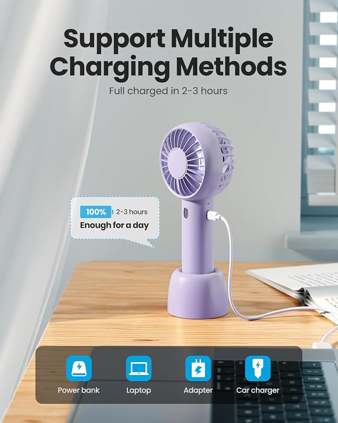 Gaiatop Mini Portable Fan, Small and Powerful, Cute Design 3 Speed Personal Handheld fan and Desktop with Base, Lightweight USB Rechargeable for Travel Lash Makeup Girl Women Summer Gift Purple | Powerful 3 Speed with Desktop Base, Lightweight, Battery... - Image 6