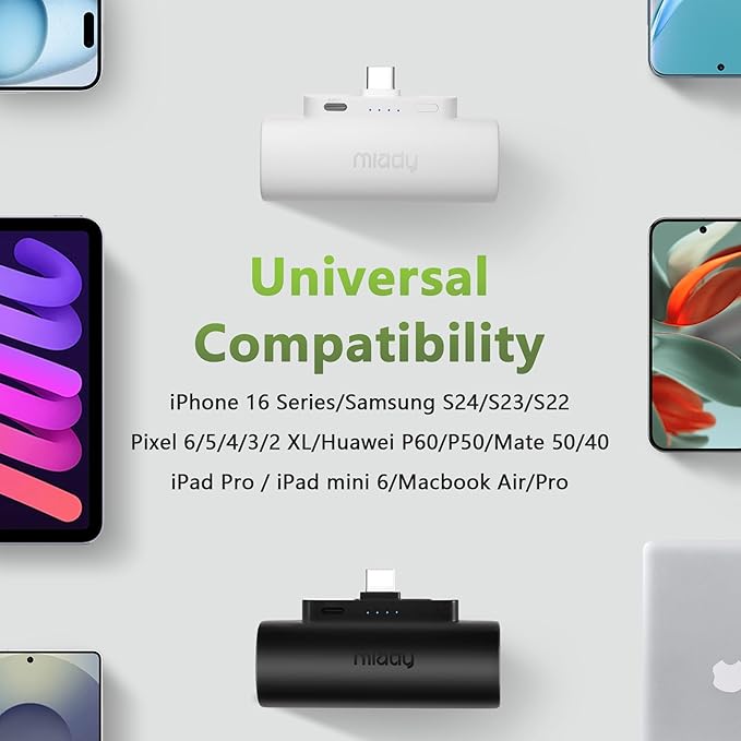 Miady 12-Pack Mini Portable Charger Built-in USB C Connector Power Bank | 5000mAh丨Lightweight丨for Backpack Travel丨Compatible with iPhone 17 Galaxy Android丨Ultra-Compact丨Flight-Safe丨18Wh丨6 colors - Image 6