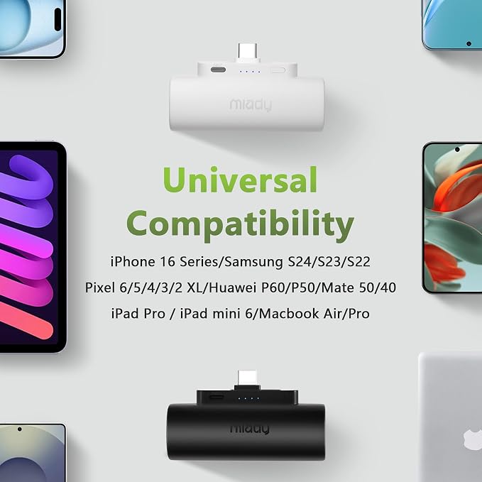 Miady 2-Pack Mini Portable Charger Built-in USB C Connector Small PowerBank | 5000mAh丨Lightweight丨for Backpack Travel丨Compatible with iPhone 17 Galaxy Android丨Ultra-Compact丨Flight-Safe丨18Wh丨White+White - Image 6