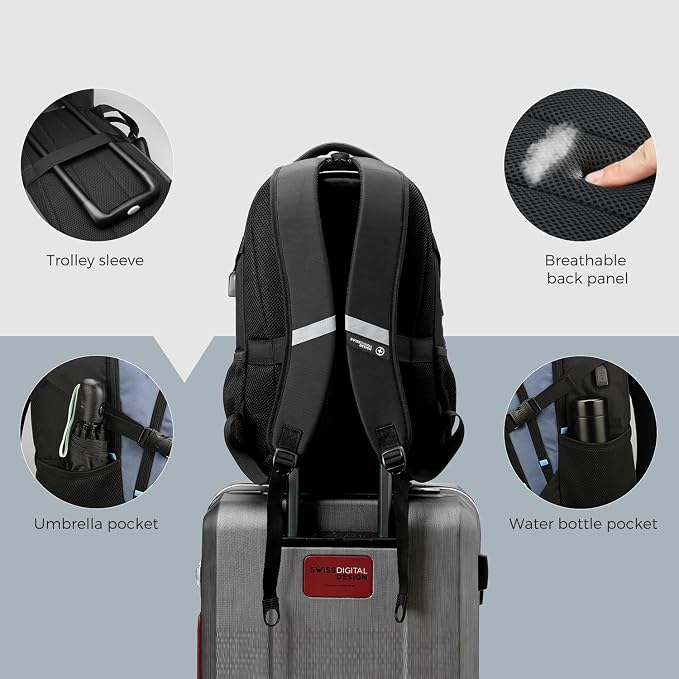 Swissdigital Design Laptop Backpack with USB Charging Port, Travel Backpack Fits 15.6-Inch Computer, 31l College School Backpack for Men, Haze Blue/Black | SD803-16 - Image 9