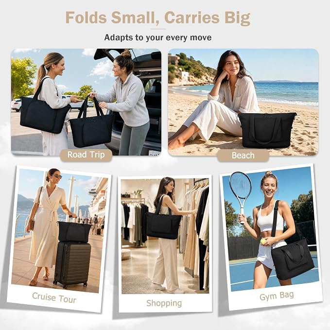 Foldable Travel Bag for Women, Expendable Compact Personal Item Tote Bag | 32L Lightweight Packable Folding Compact Weekender Bag, Nylon Travel Duffel Bag with Luggage Sleeve for Airplane Travel Gym - Image 6