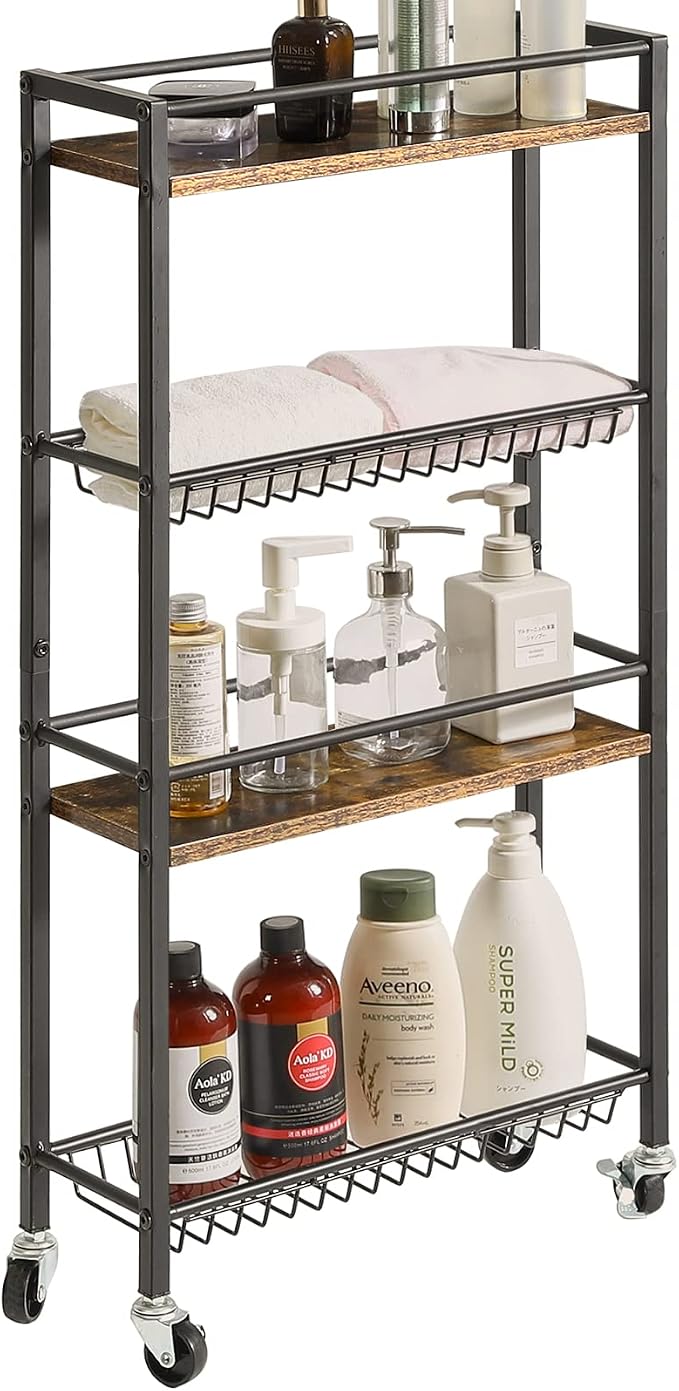YMYNY Kitchen Storage Rolling Cart 4 Tier on Wheels Rustic Brown HBR002H | for Narrow Spaces, Laundry Room, Dining Room, Bathroom, 32.7" H Shelving Unit with Mesh Baskets - Image 4