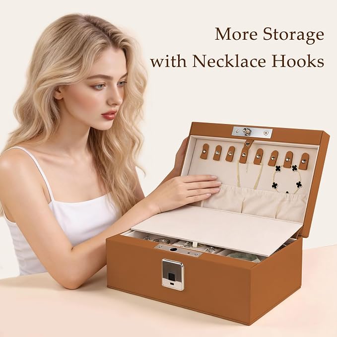 Jewelry Safe, Biometric Fingerprint Safe, Leather Wrapped Jewelry Box with Lock & Mirror, Ultra-Lightweight Jewelry Box Suitable for Home Use & On-the-Go(Three-Tier Brown) - Image 5