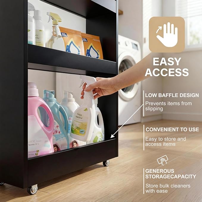 TEAMIX Wood 4-Tier Slim Rolling Storage Cart, 7.9"W, 24.8"D, 36.7"H, Black | Height Adjustable, 360°Swivel Wheels, Deeper & Taller, Use as Narrow Kitchen Cart, Laundry Organizer Between Washer & Dryer - Image 6