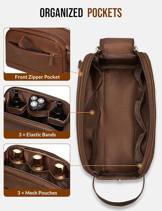 PU Leather Toiletry Bag for Men - Water Resistant Travel Bag for Toiletries, Bathroom Essentials, Accessories - Brown - Image 3