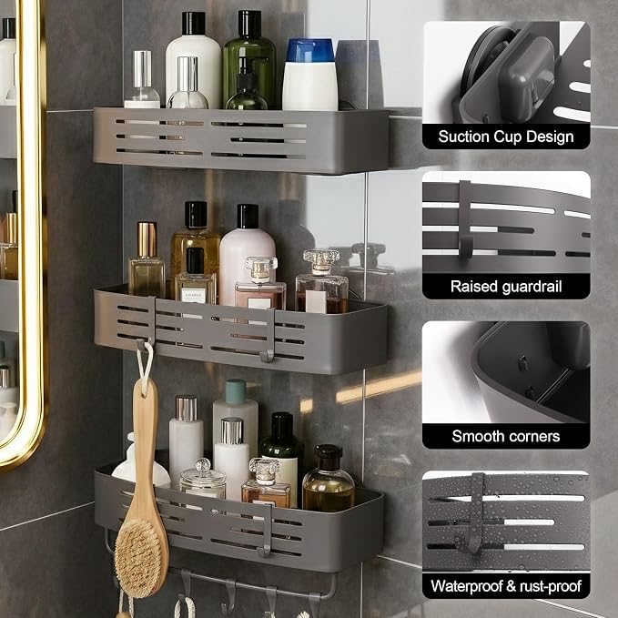 3-Tier No-Drill Storage Caddy with Hooks&Towel Bar,Organizing Solution for Bathroom,Shower&Kitchen,Holds Shampoos,Soaps,Sponges&Cleaners,Rectangle - Image 3