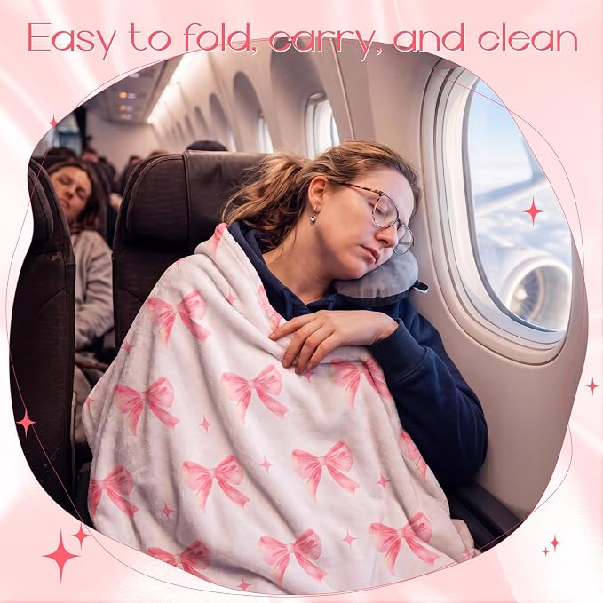 Pink Blue Bow Travel Blanket Airplane and Pillow Compact 2 in 1 Soft Fleece Travel Blanket and Pillow Set with Luggage Sleeve Backpack Clip Compact Airplane Essentials Gifts, 40"x60" (Pink) - Image 5