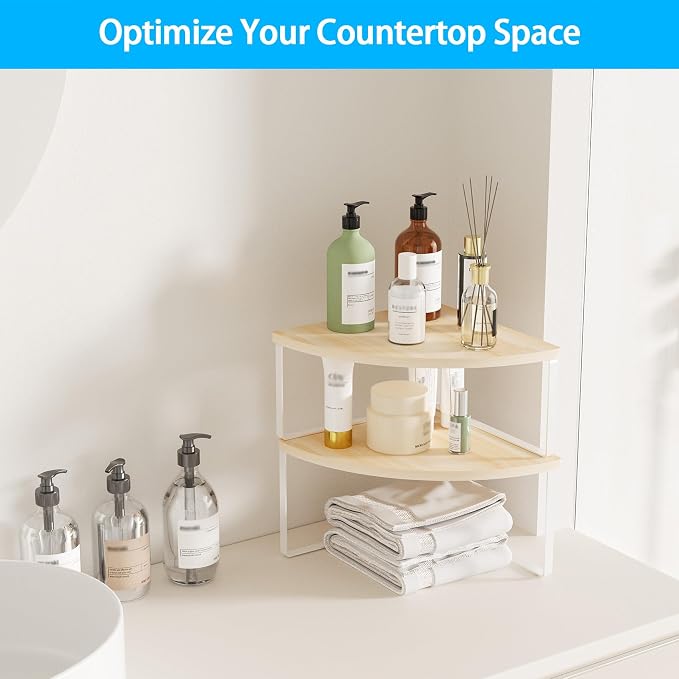 Golener Kitchen Corner Shelf, Corner Spice Rack, Counter Shelf, Stackable | Kitchen Counter Organizer, Plate Organizer for Cabinet, 2-Tier Corner Countertop Shelf, Corner Desk Shelf, Natural Beige - Image 5
