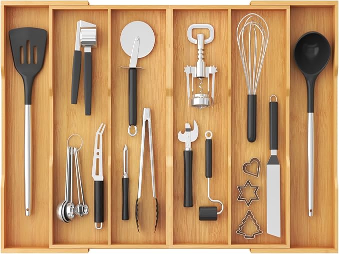 Lifewit Bamboo Utensil Organizer for Kitchen Drawer, Cooking Utensil Tray | Expandable Cutlery Silverware Flatware Holder, Wood Adjustable Spatula Tools Storage Divider, 17.8-28.3 x 17", Natural by Lifewit
