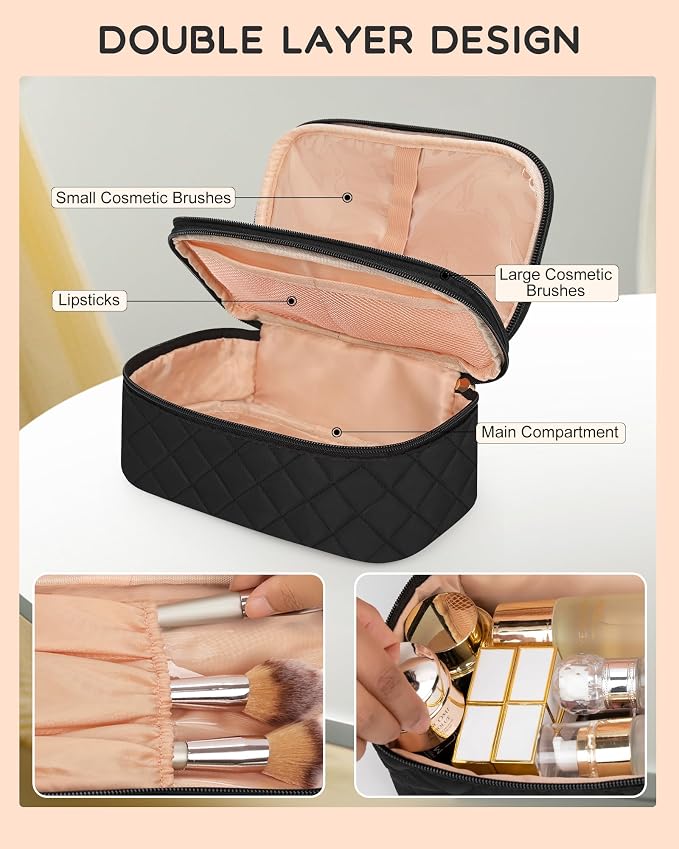 Relavel Small Travel Makeup Bag for Women, 2 Layer Makeup Organizer | Travel Cosmetic Bag with Separate Brush Compartment, Portable Make Up Storage with Handle for Short Trip, Gym - Image 5