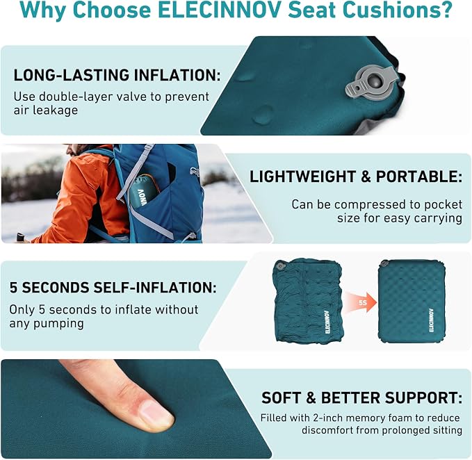 Inflatable Seat Cushion, 2 Pack Self Inflating Memory Foam Portable Stadium Seat Cushions for Bleachers Lightweight Camping Comfort Airplane Cushion for Long Flights Outdoor Events (2 Pack Blue) | Airplane Bleacher Seat Cushion Comfortable & Portable B... - Image 3
