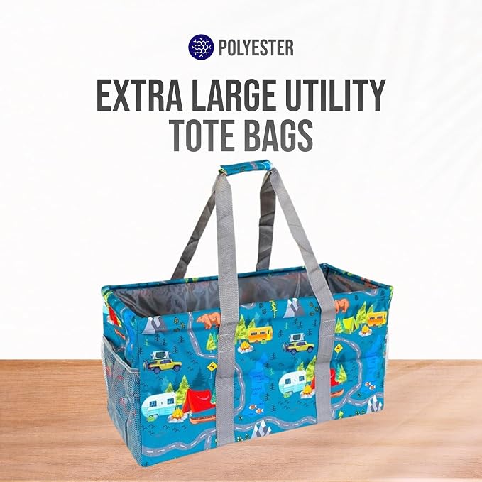 Extra Large Utility Tote Bag - Oversized Collapsible Reusable Wire Frame Rectangular Canvas Basket With Two Exterior Pockets For Beach, Pool, Laundry, Car Trunk, Storage - Camping - Image 7