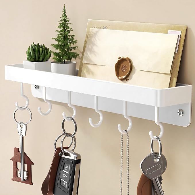 niffgaff White Key Holder Wall Mount, Stainless Steel Self Adhesive Hooks Rack with Shelf, No Drill Key Hanger for Door and Wall by niffgaff