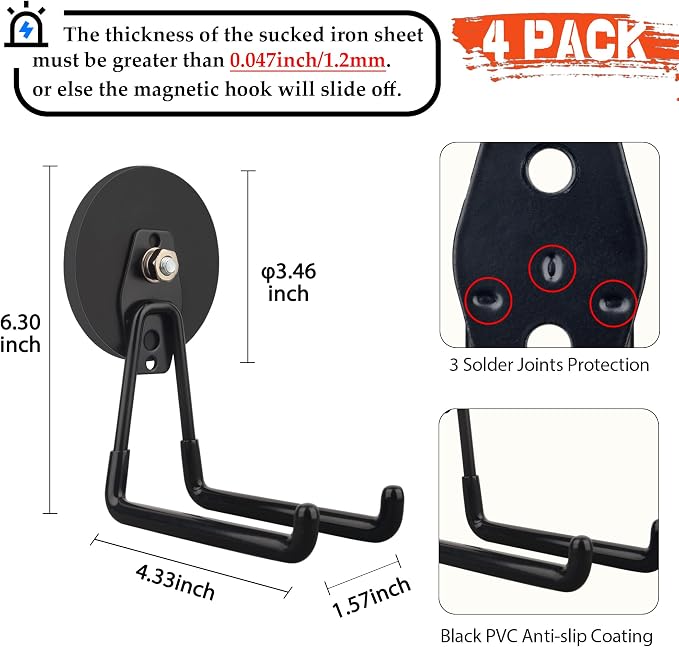 ULIBERMAGNET Strong Magnetic Hooks,Large Magnet with Hooks for Heavy Duty Tools,Jig Saw,Hose, 4 Pack Heavy Duty Magnetic Hooks for Hammer Drill,Circular Saw,Garden Tool(3.46inch/Black) - Image 2