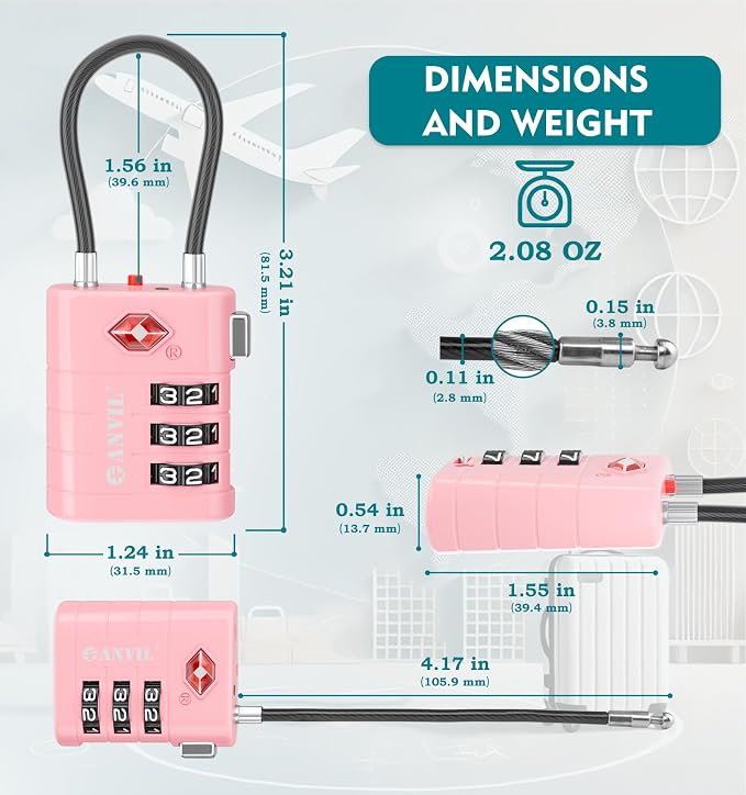 ANVIL TSA Approved Luggage Locks – High Security TSA008 Combination Travel Locks with Inspection Indicator for Suitcases and Backpacks. (2, Pink) - Image 7